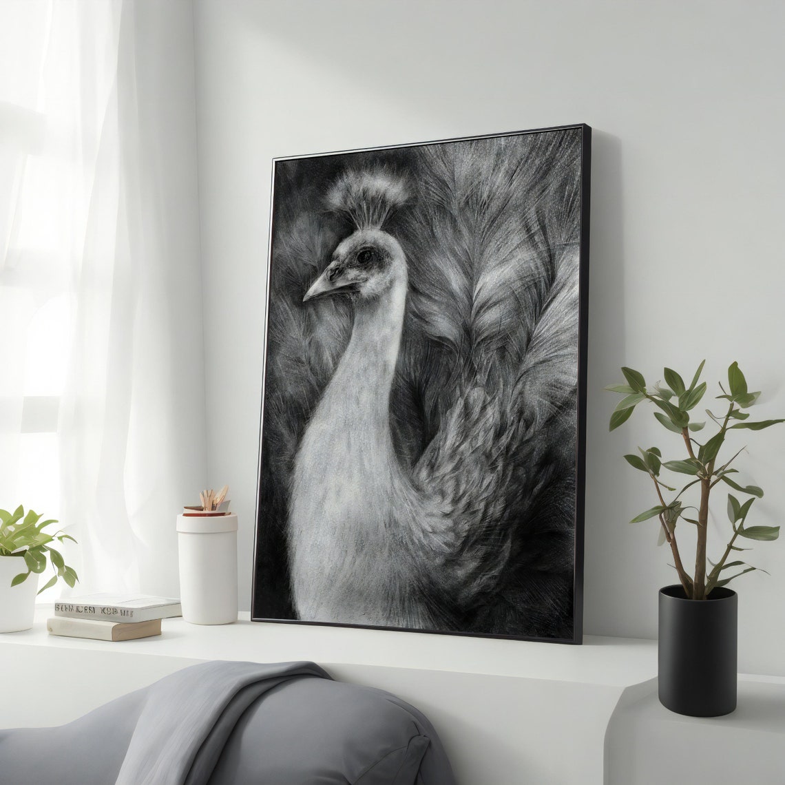 Black And White Peacock Charcoal Portrait Dramatic Bird Poster