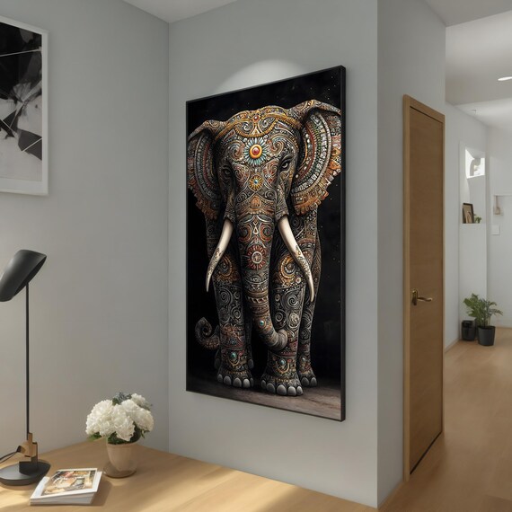Decorative Mandala Elephant Front View On Black Background Boho Animal Poster