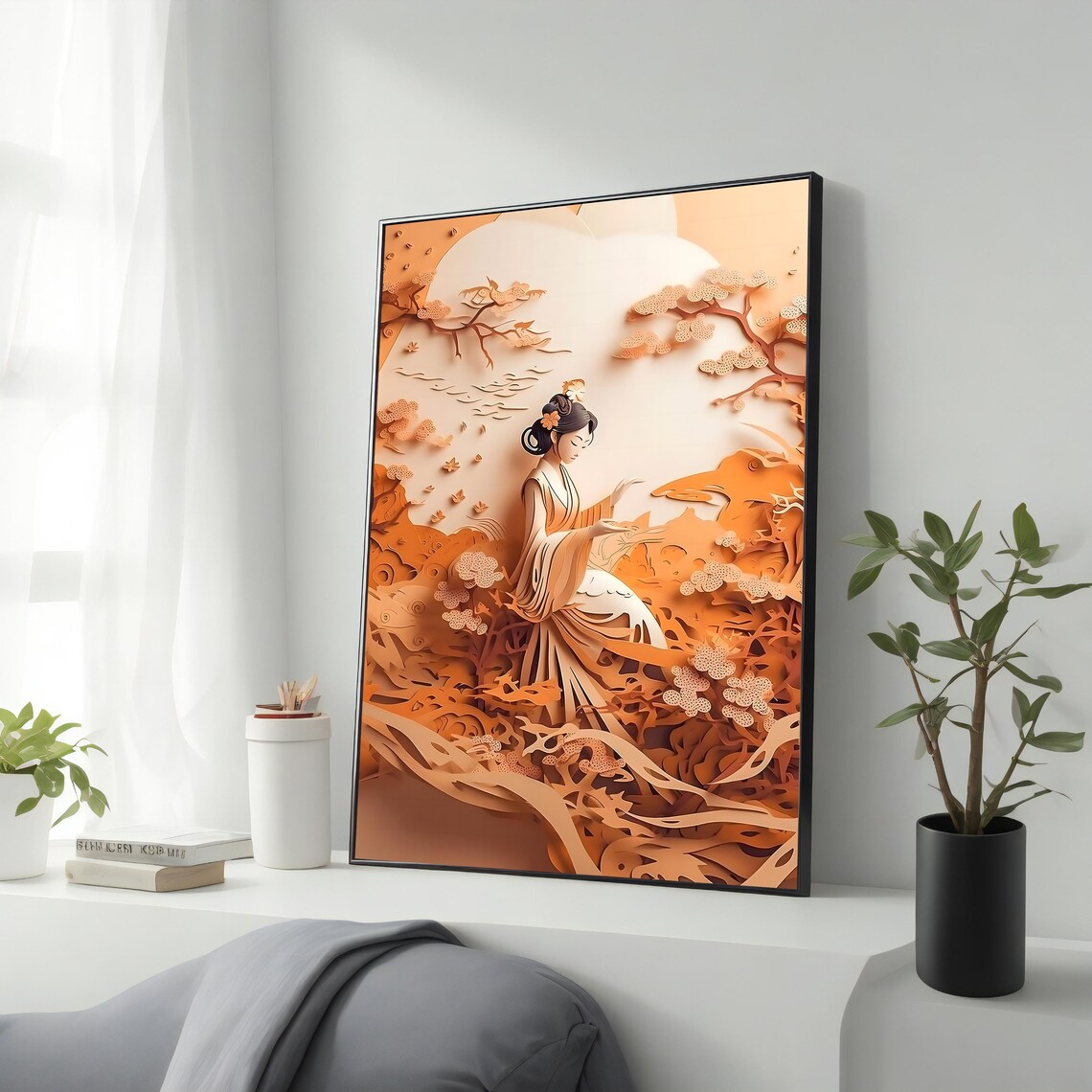 Paper Cut Style Woman in White Kimono Autumn Floral Ocean Art Poster