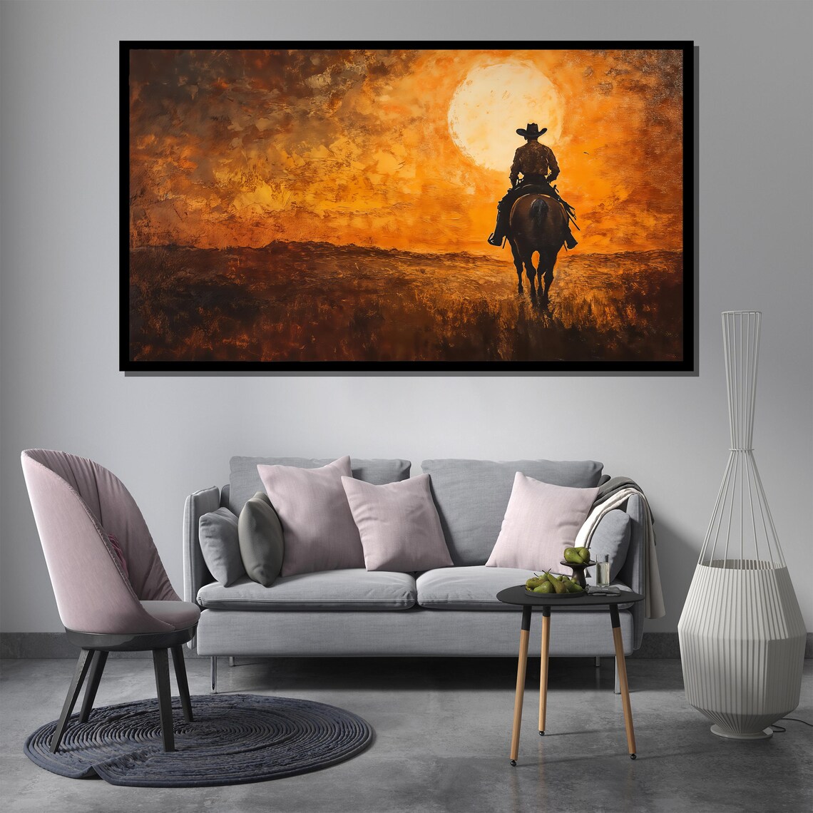 Western Cowboy Sunset Horse Ride Fiery Orange Sky Oil Painting Poster - Image 3