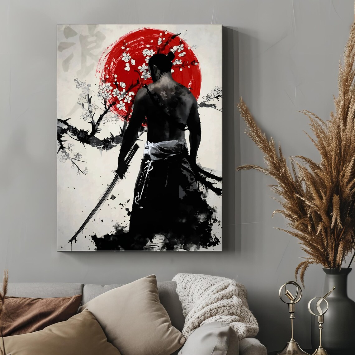 Samurai Silhouette Red Sun Cherry Blossom Japanese Ink Art Poster - Image 4