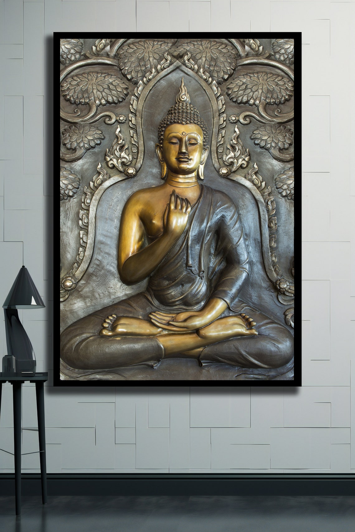 Golden Buddha Statue Carved Silver Relief Meditation Decor Wall Art - Image 2