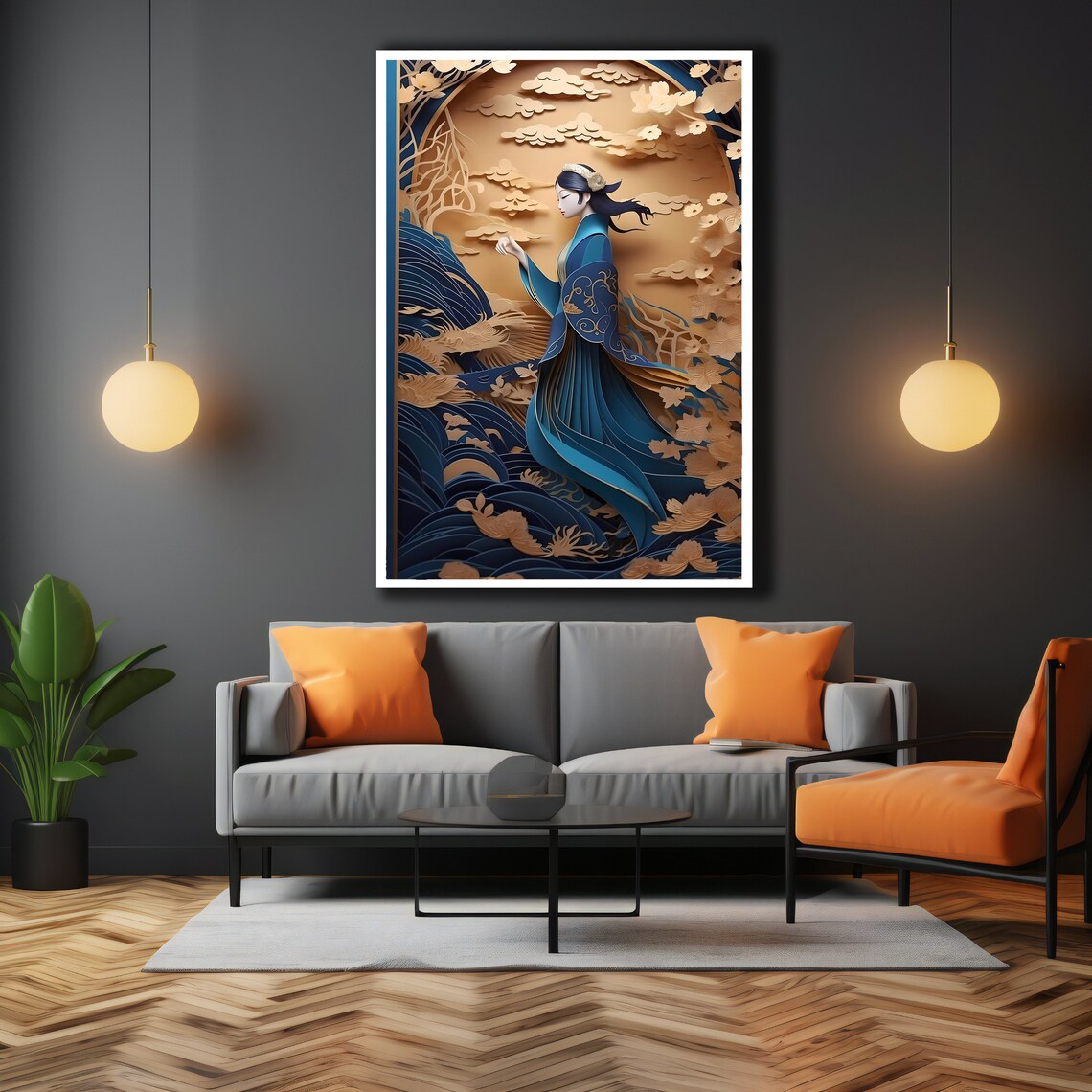 Paper Cut Style Woman in Blue Kimono Waves and Golden Clouds Poster - Image 3