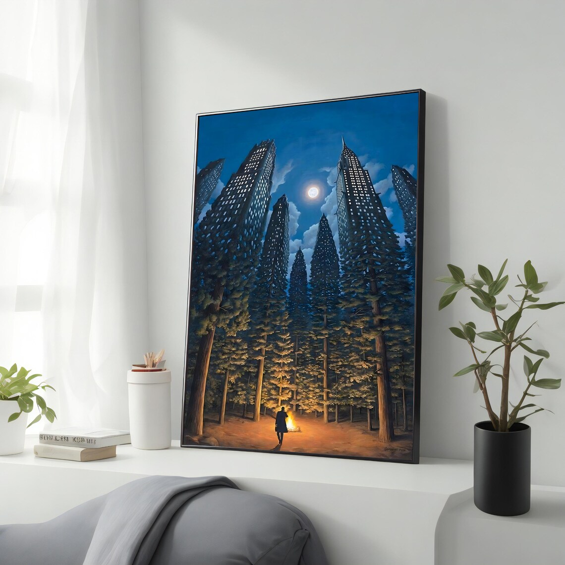 Lonely Man Making A Fire In The Forest Art Modern Wall Art Wall Decor Framed Artwork Ready To Hang Unique Gift