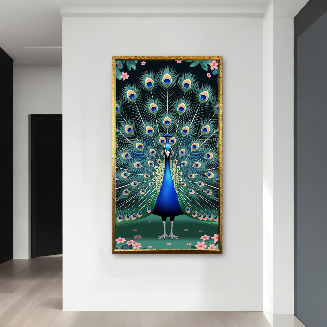 Peacock with Fanned Tail Among Pink Blossoms Dark Green Art Poster - Image 3