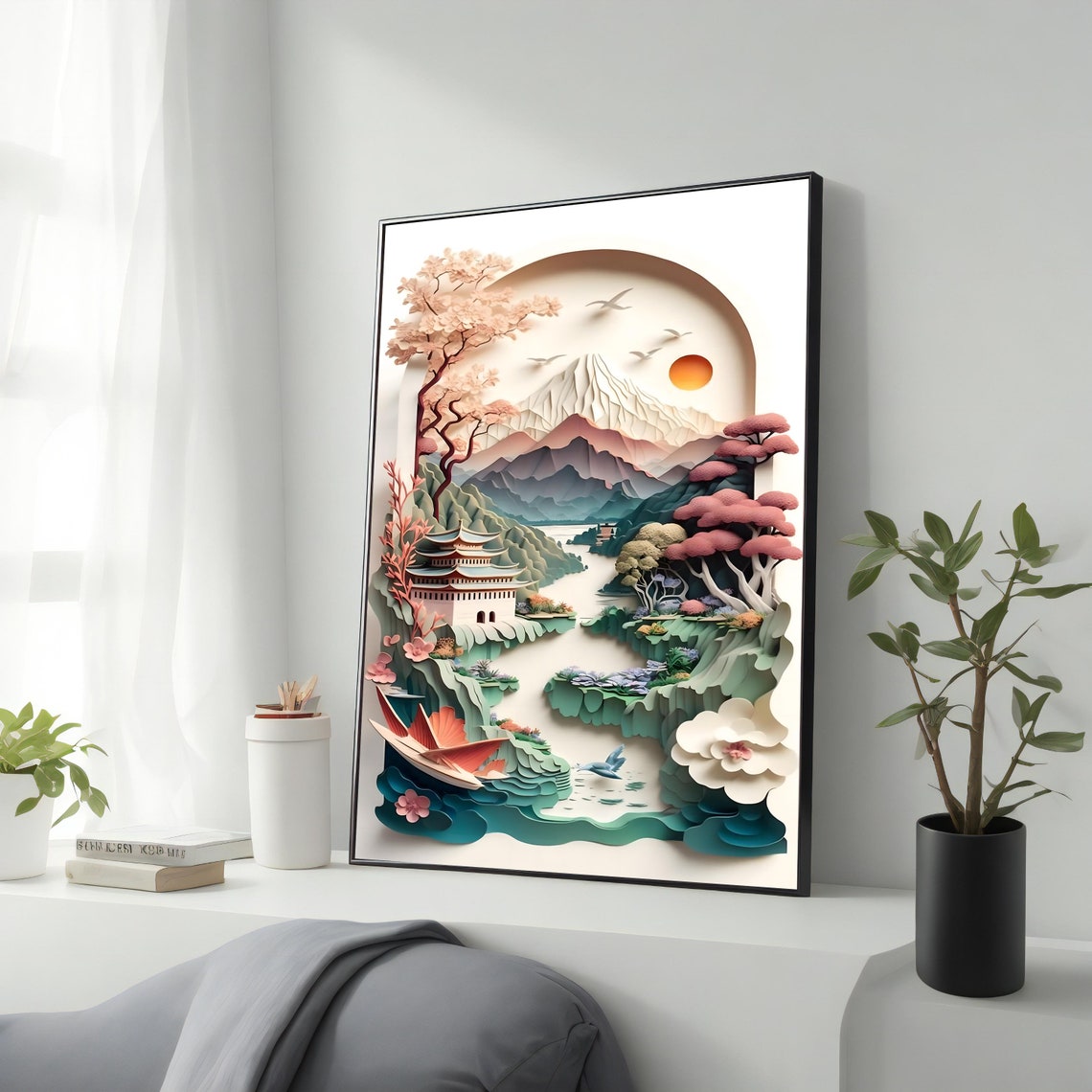 Paper Cut Mount Fuji Pagoda Waterfall Cherry Blossom Landscape Poster