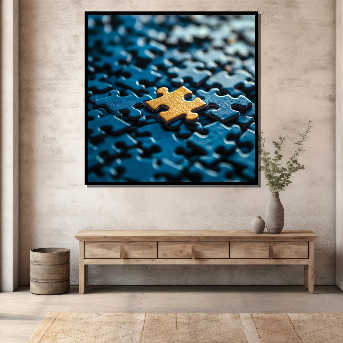 Golden Puzzle Piece Among Blue Pieces Modern Abstract Concept Poster - Image 3