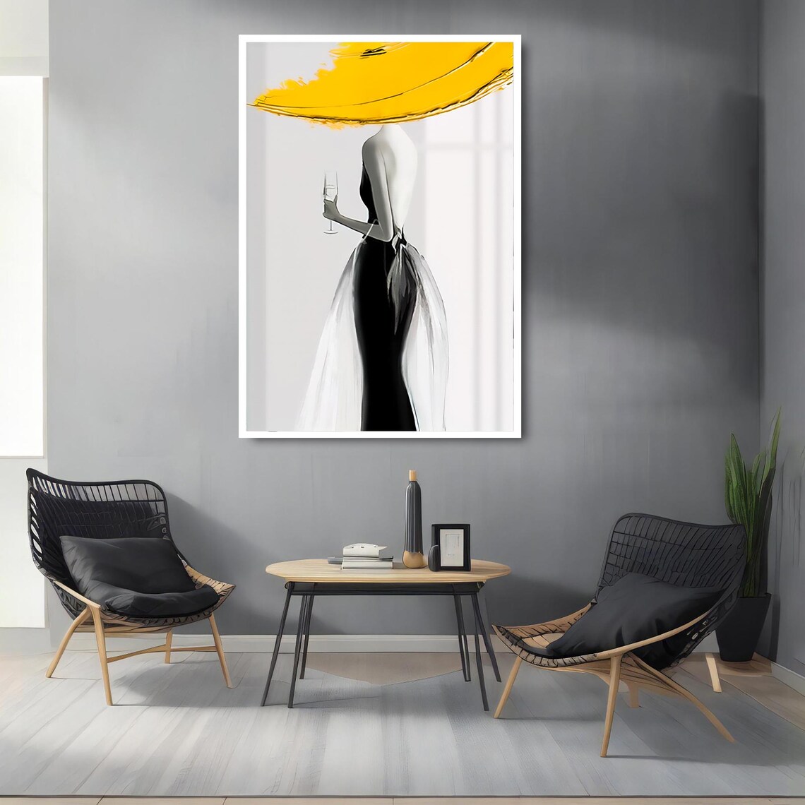Yellow Hat Fashion Lady Black Dress Chic Minimalist Art Poster - Image 2