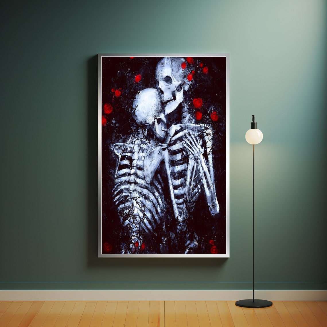 Skeleton Lovers Embracing Among Red Roses Dark Gothic Romance Wall Art - Image 4