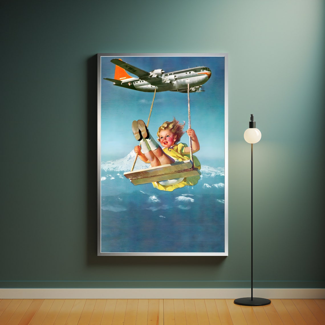 Surreal Child Swing Flying Airplane Whimsical Vintage Sky Art Poster - Image 4