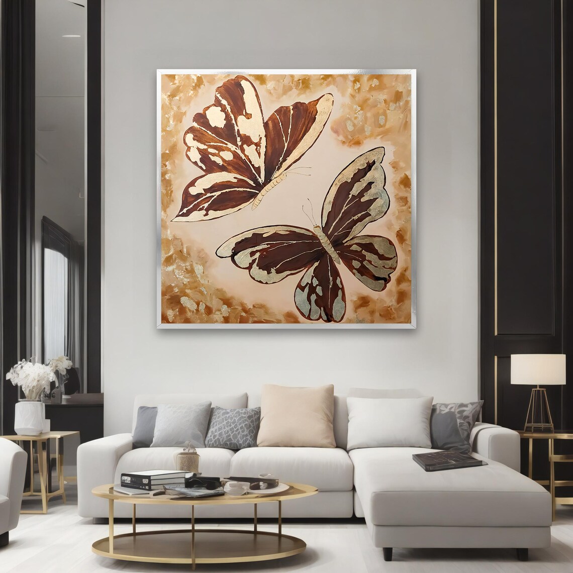 Two Brown Butterflies Gold Accents Warm Beige Nature Art Poster - Image 2