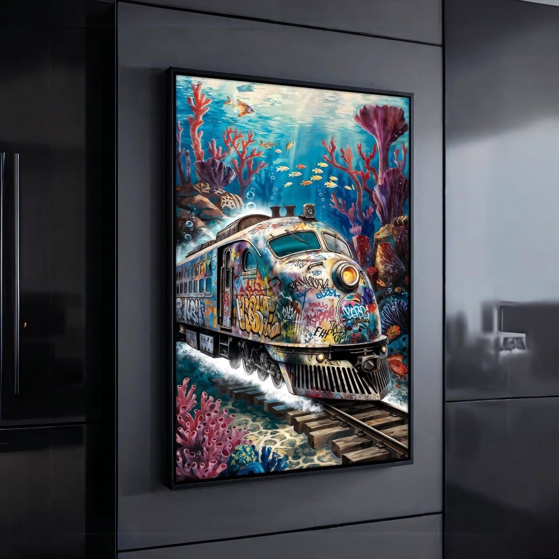 Vibrant Underwater Graffiti Train Art Surreal Ocean Art With Coral And Fish Graffiti Train Wall Art Unique Wall Decor Gift Idea