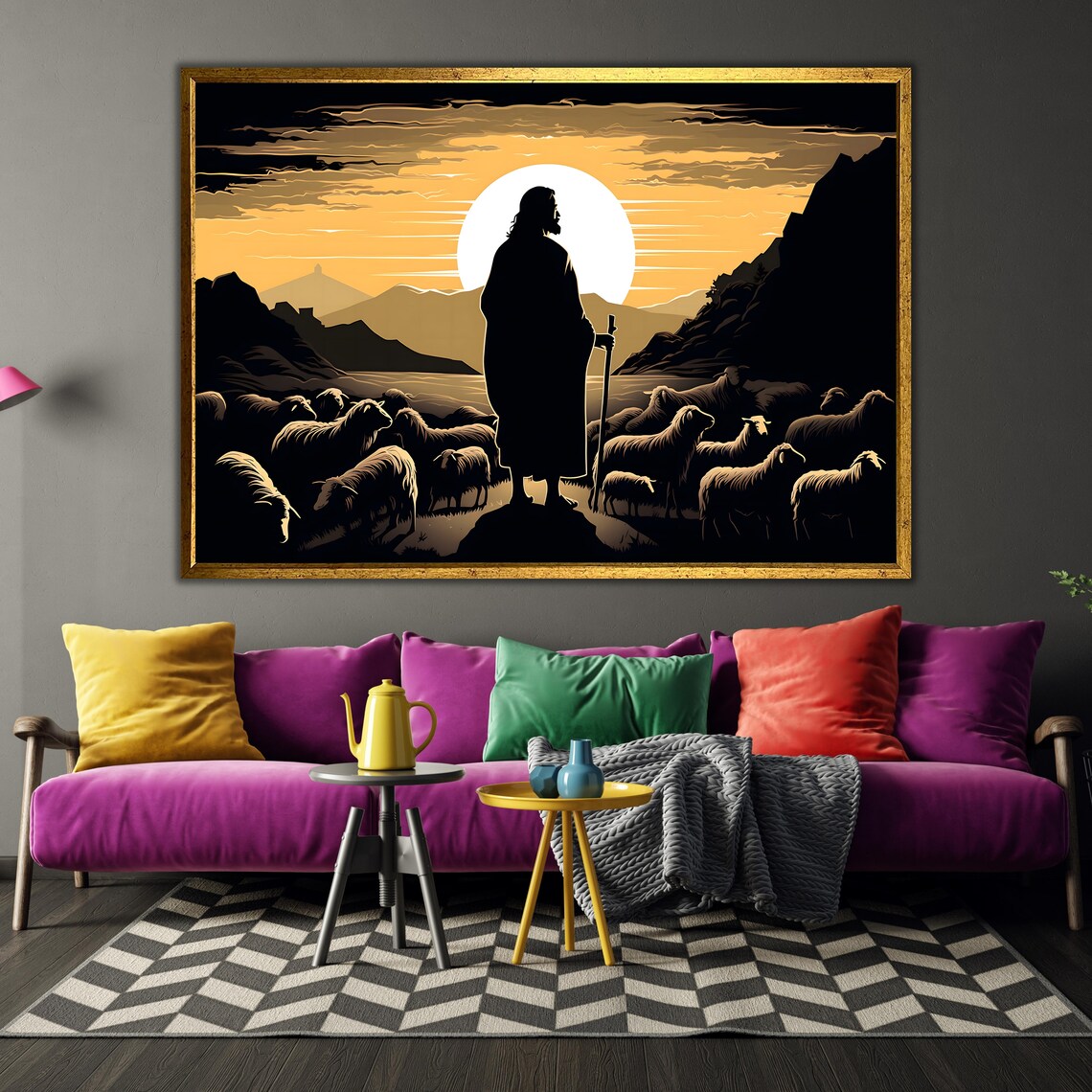 Jesus Good Shepherd Lambs Golden Sunset Silhouette Christian Art Poster - Image 4