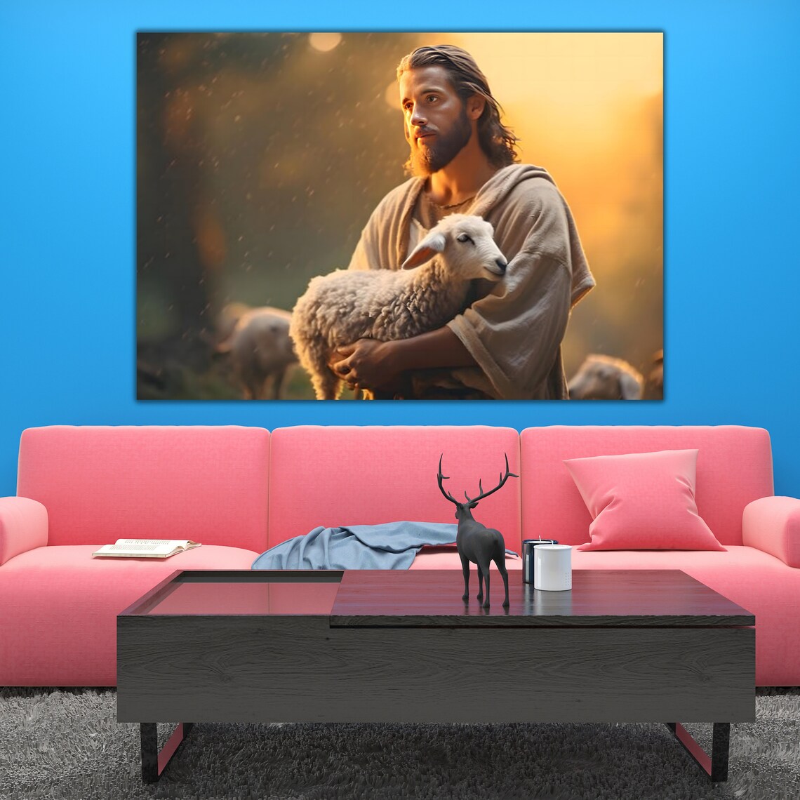 Jesus Holding Lamb Golden Light Tender Shepherd Christian Art Poster - Image 2