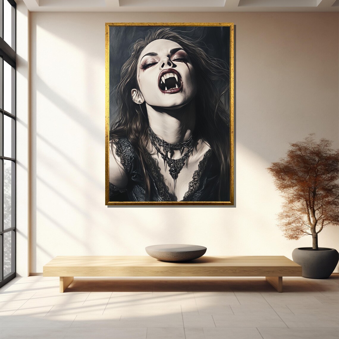 Gothic Vampire Woman Portrait Fangs Dark Fantasy Horror Art Print - Image 4