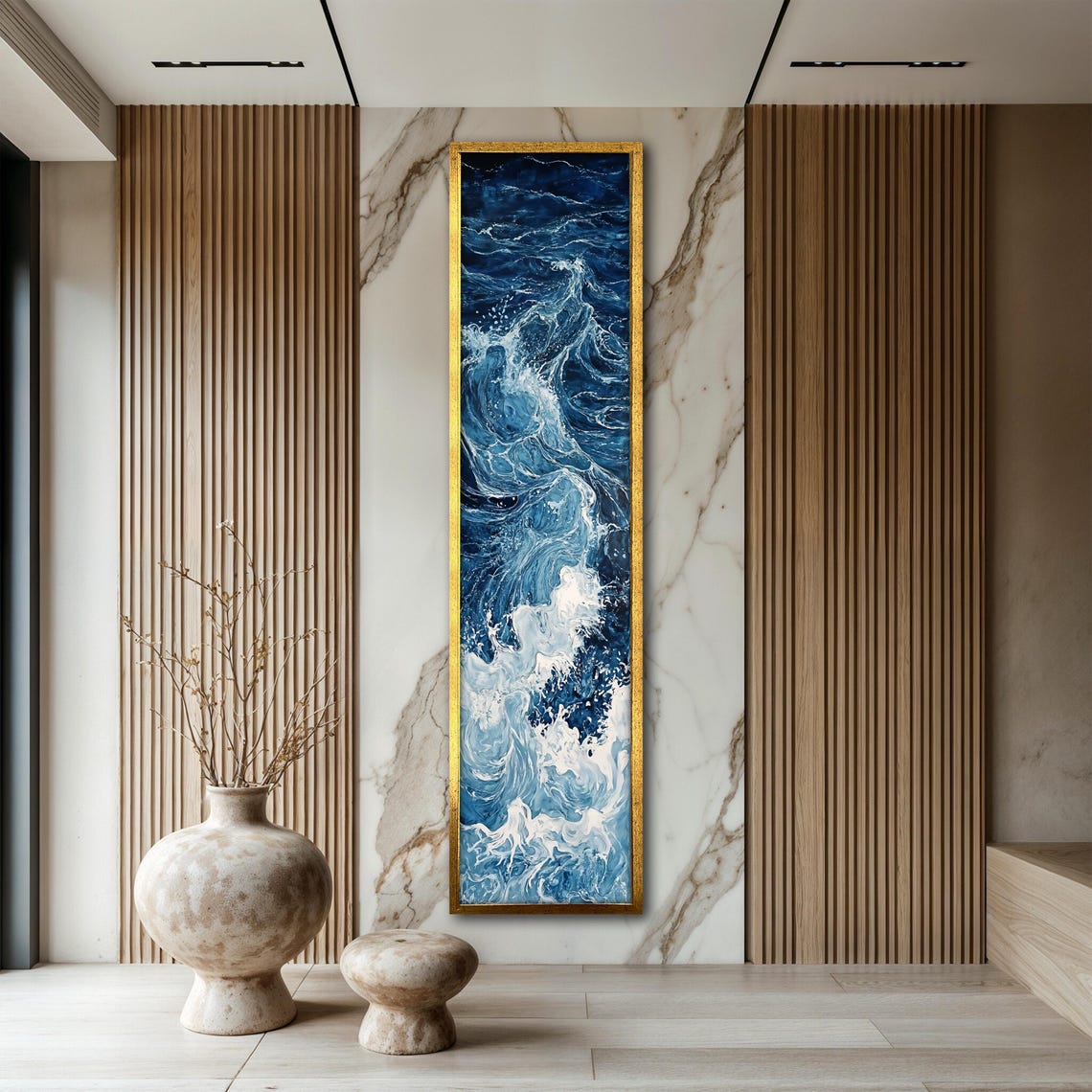 Navy Blue Crashing Ocean Wave Foam Dramatic Vertical Art Poster