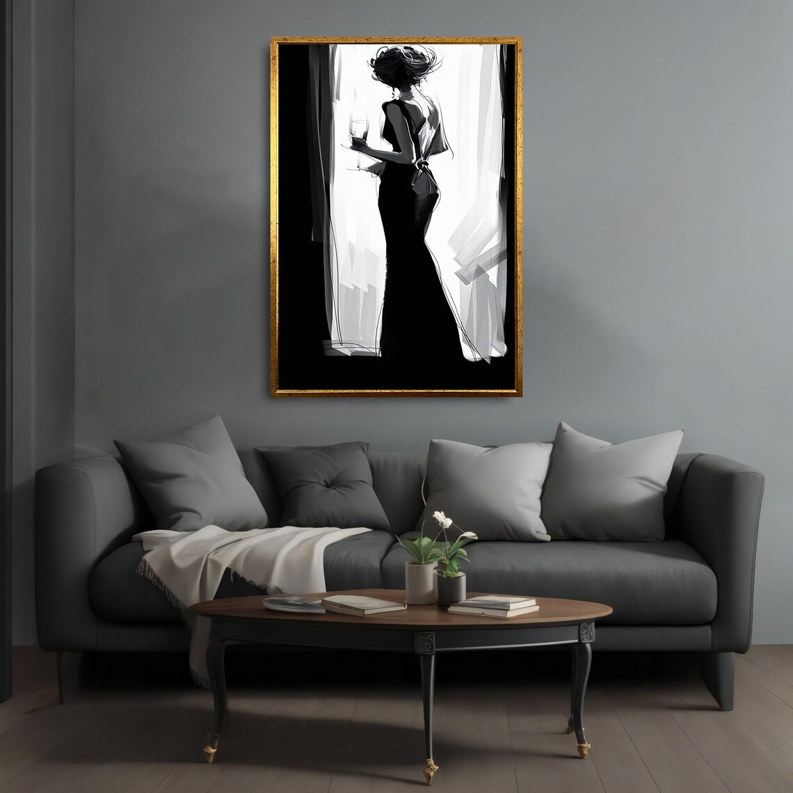Black And White Elegant Woman Silhouette In Gown Fashion Wall Art Poster - Image 4
