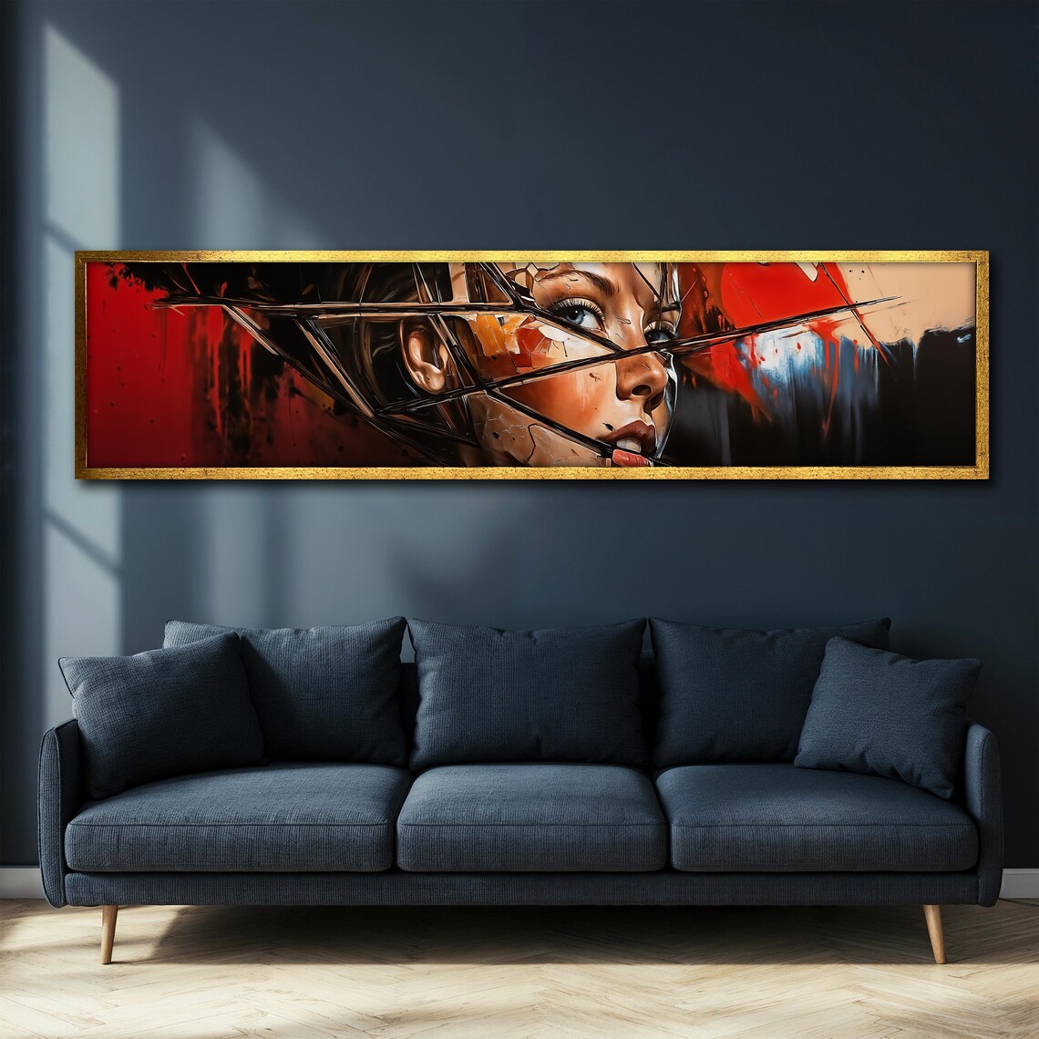 Shattered Glass Woman Portrait Red Black Panoramic Art Poster