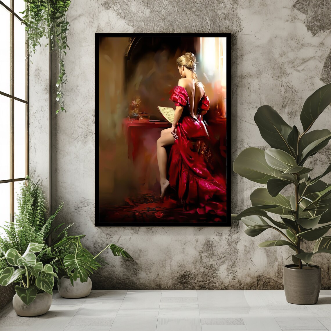 Elegant Woman In Red Satin Gown Seated Reading Letter Art Wall Poster - Image 2