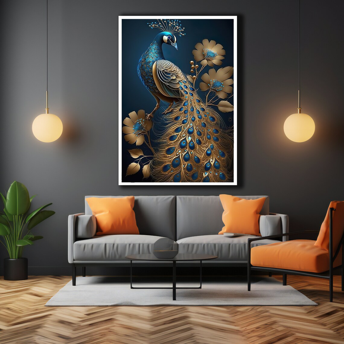 Golden Blue Peacock With Gold Flowers Dark Elegant Art Poster - Image 3