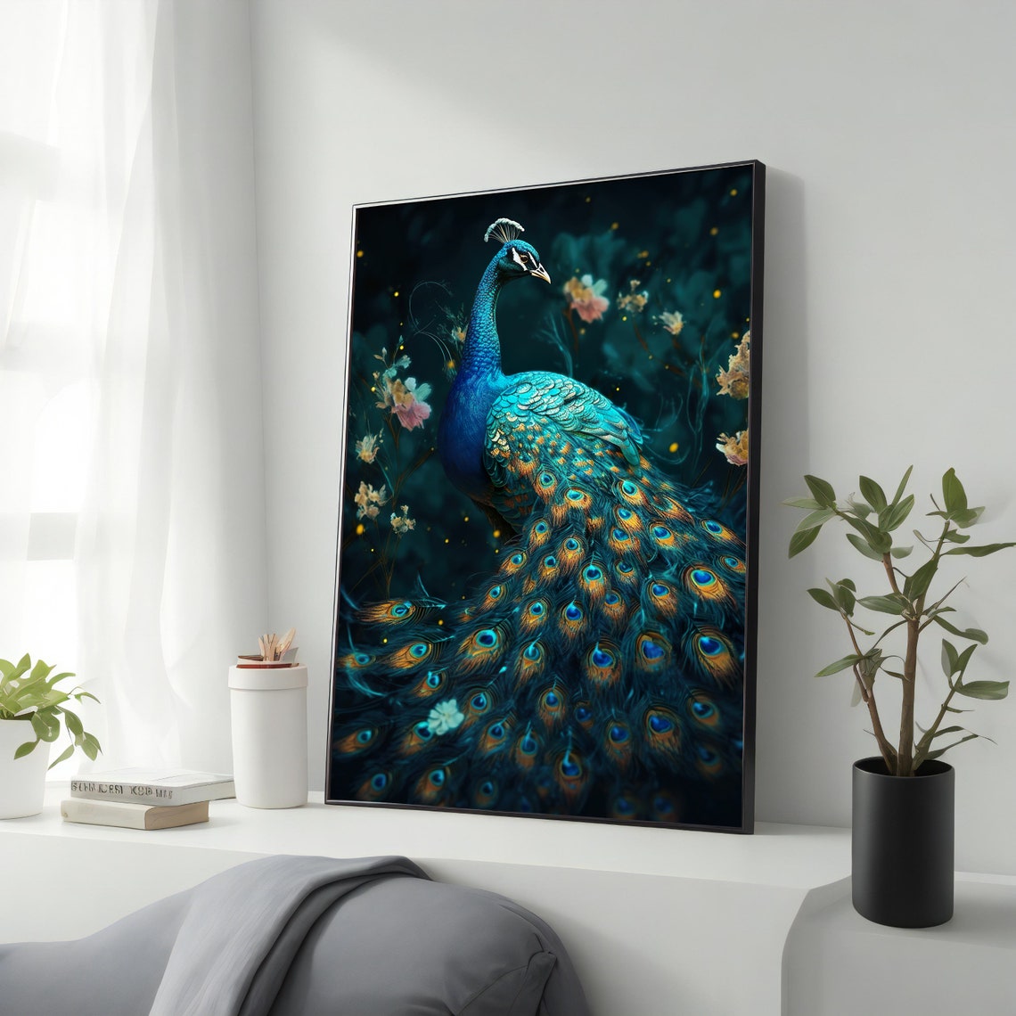 Majestic Blue Peacock Full Tail Feathers Dark Floral Animal Art Poster