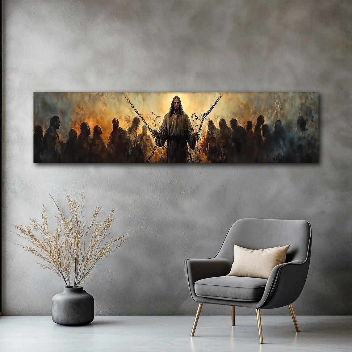 Jesus Breaking Chains Golden Light Panoramic Religious Redemption Poster - Image 2