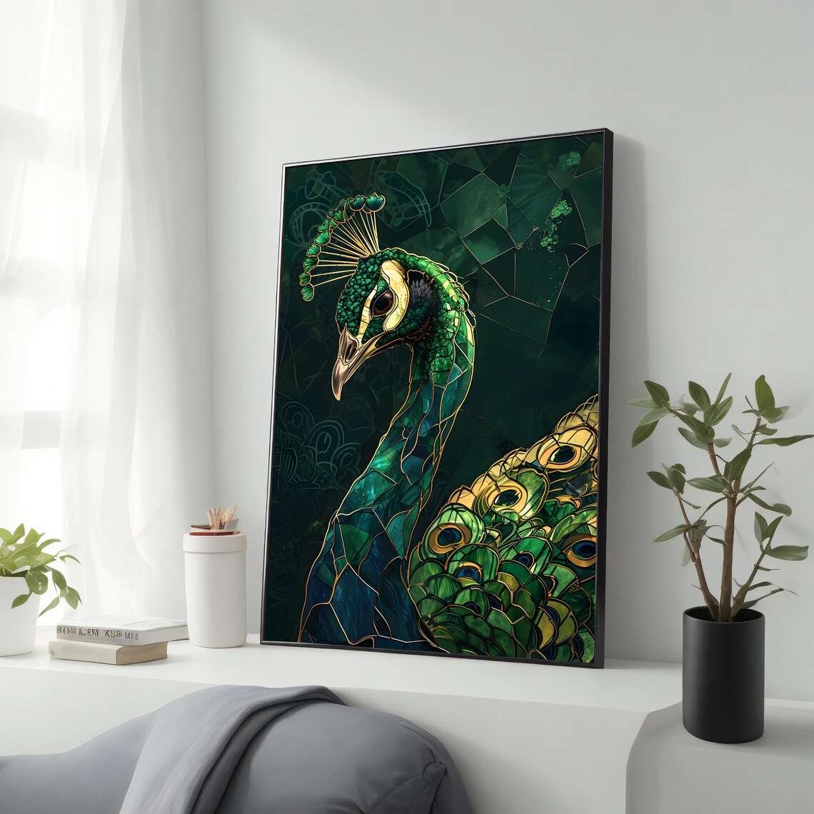 Emerald Green Mosaic Peacock Portrait Gold Feather Detail Wall Art
