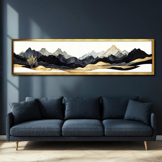Panoramic Mountain Wall Art Print Abstract Landscape Large Modern Wall Decor Gold And Black Painting Unique Gift For Home
