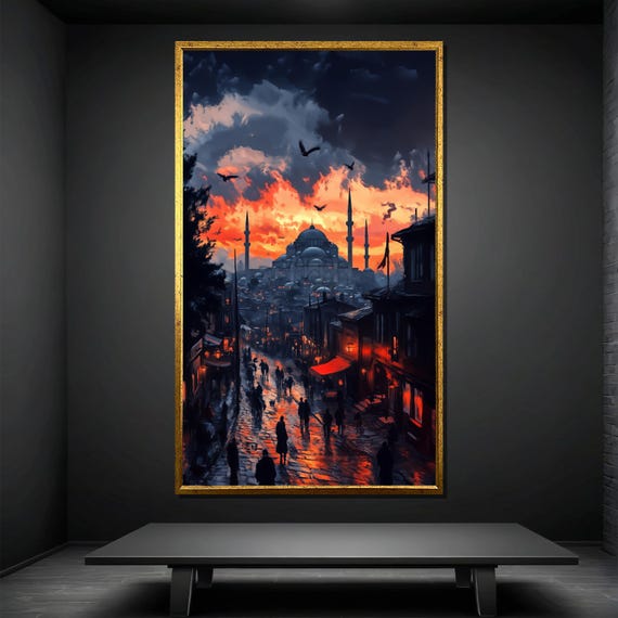 Istanbul Sunset Painting Grand Mosque Cityscape Art Oriental Street View Dramatic Skyline Wall Decor Historic Travel Gift