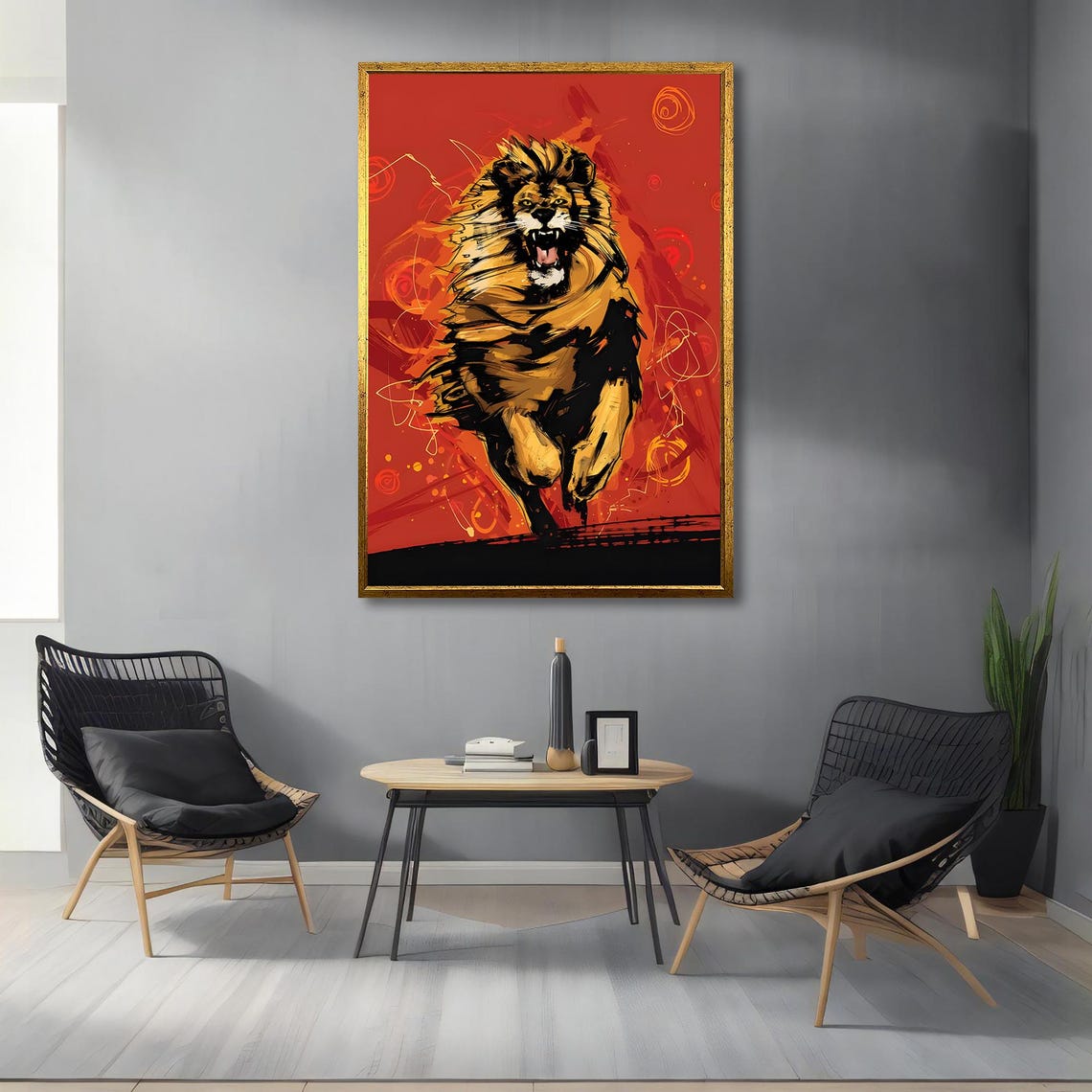 Fierce Roaring Lion Leaping Bold Red Orange Abstract Wildlife Poster - Image 4