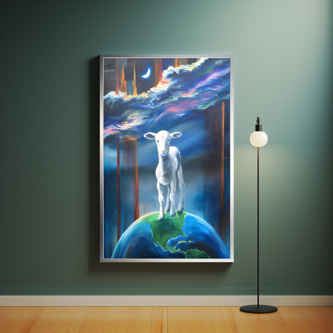 Surreal Lamb Standing On Earth Globe Night Sky Crescent Moon Art Poster - Image 4