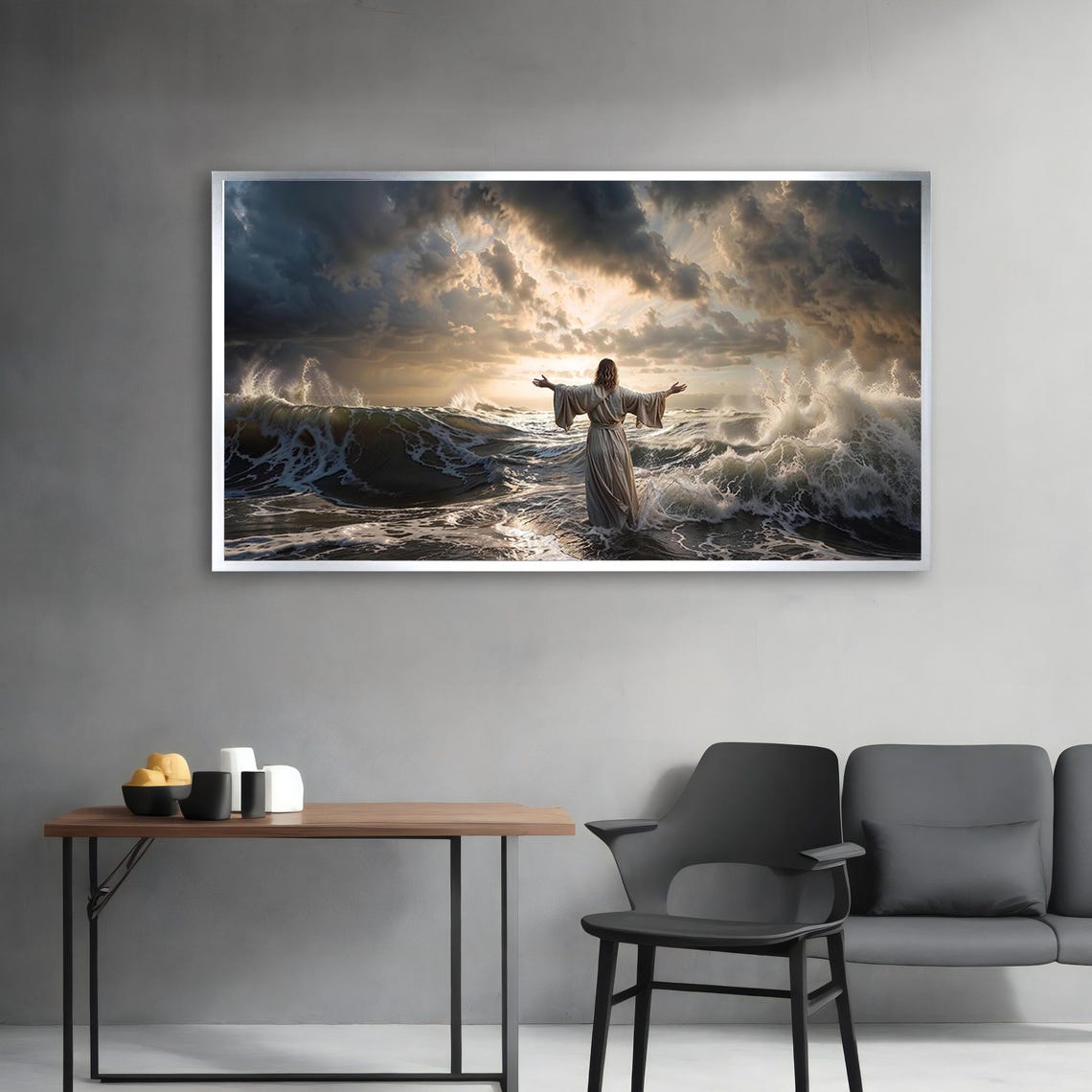 Jesus Walking On Water Ocean Waves Dramatic Christian Art Print - Image 3