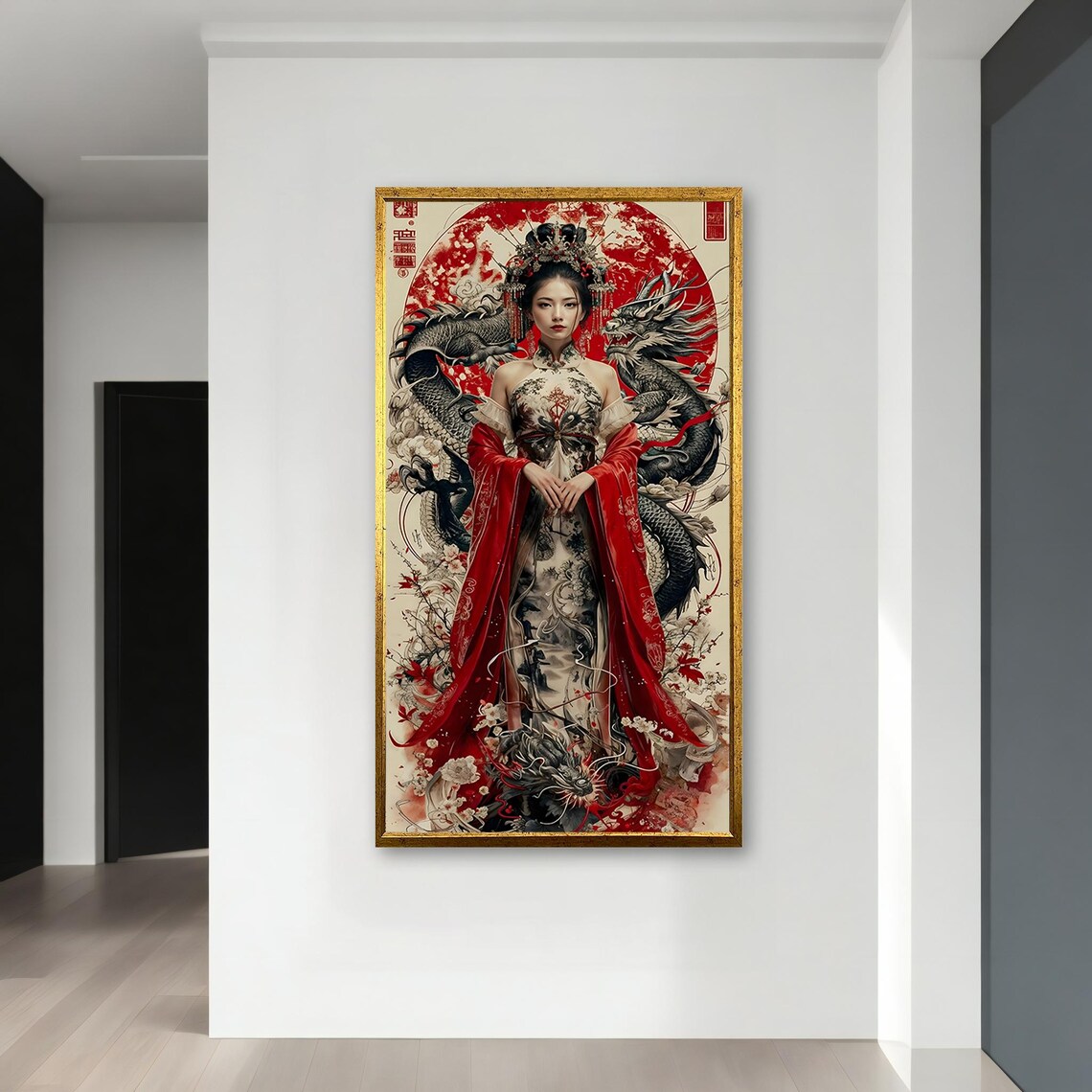 Oriental Empress With Twin Dragons Red Sun Circle Floral Tattoo Dress Poster - Image 4