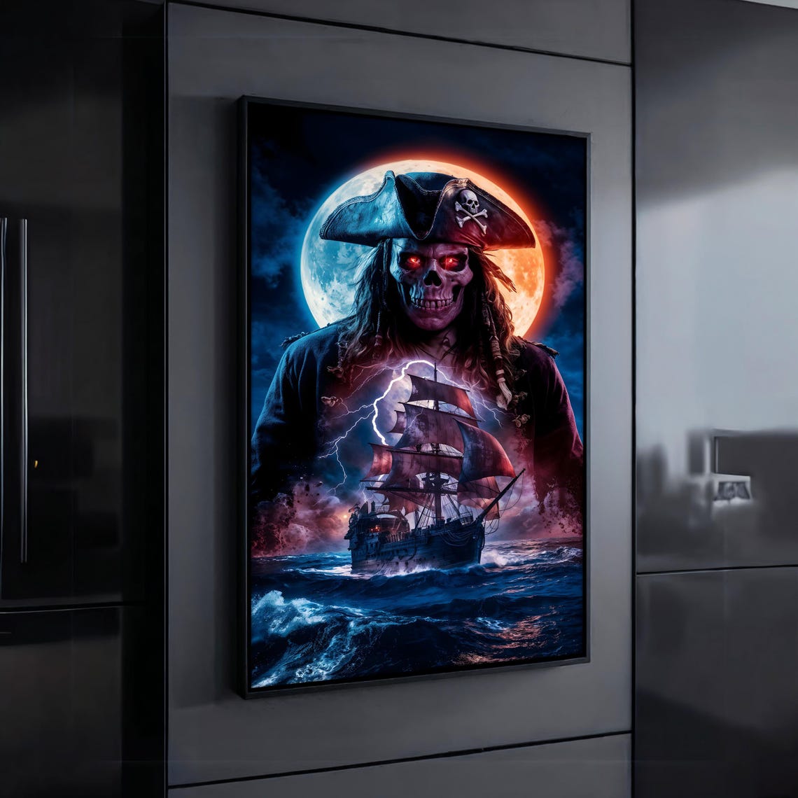 Haunting Pirate Skull Painting Ghost Ship And Full Moon Wall Art Dark Nautical Wall Decor Pirate Skull Wall Art Gift Idea