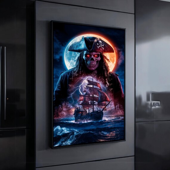 Haunting Pirate Skull Ghost Ship Full Moon Lightning Dark Nautical Poster