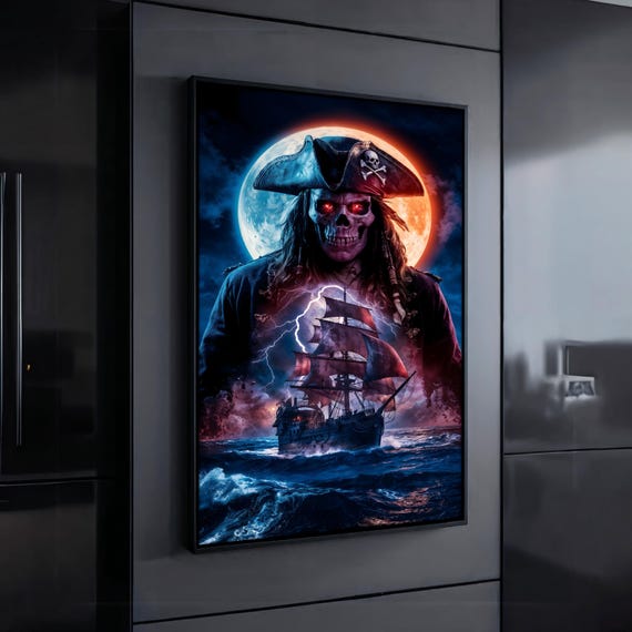 Haunting Pirate Skull Painting Ghost Ship And Full Moon Wall Art Dark Nautical Wall Decor Pirate Skull Wall Art Gift Idea