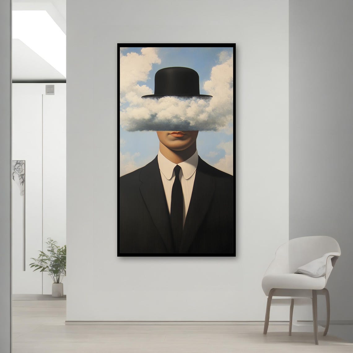 Surreal Magritte Inspired Painting Cloud Covered Face In Suit Wall Decor Ready To Hang Modern Painting Unique Gift - Image 2