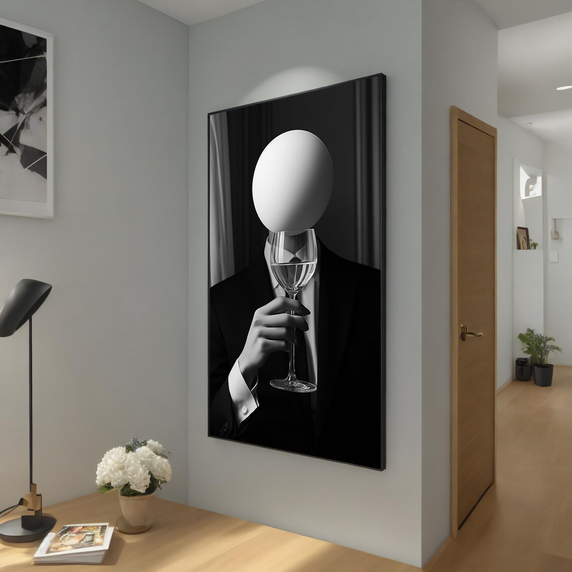 Faceless Man In Suit Holding Wine Glass Black White Surreal Art Poster