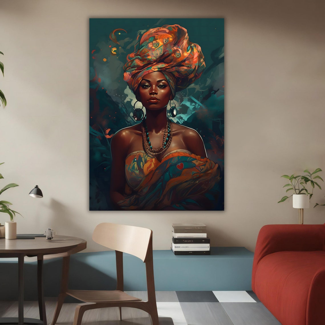African Woman Patterned Headwrap Jewelry Emerald Portrait Art Poster - Image 3