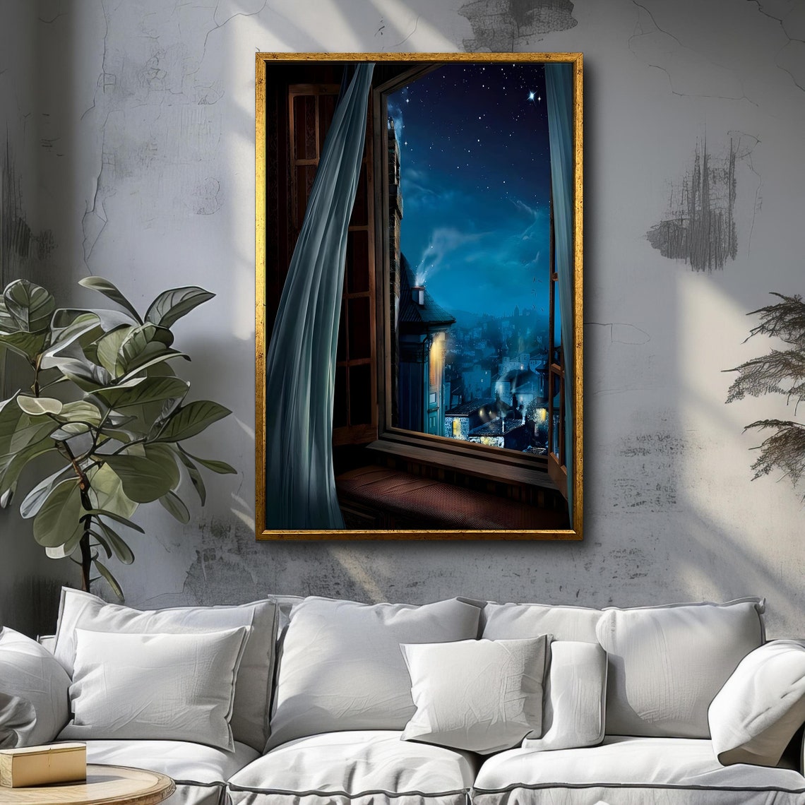 Open Window Night View Starry Sky Old Town Rooftops Travel Poster - Image 3