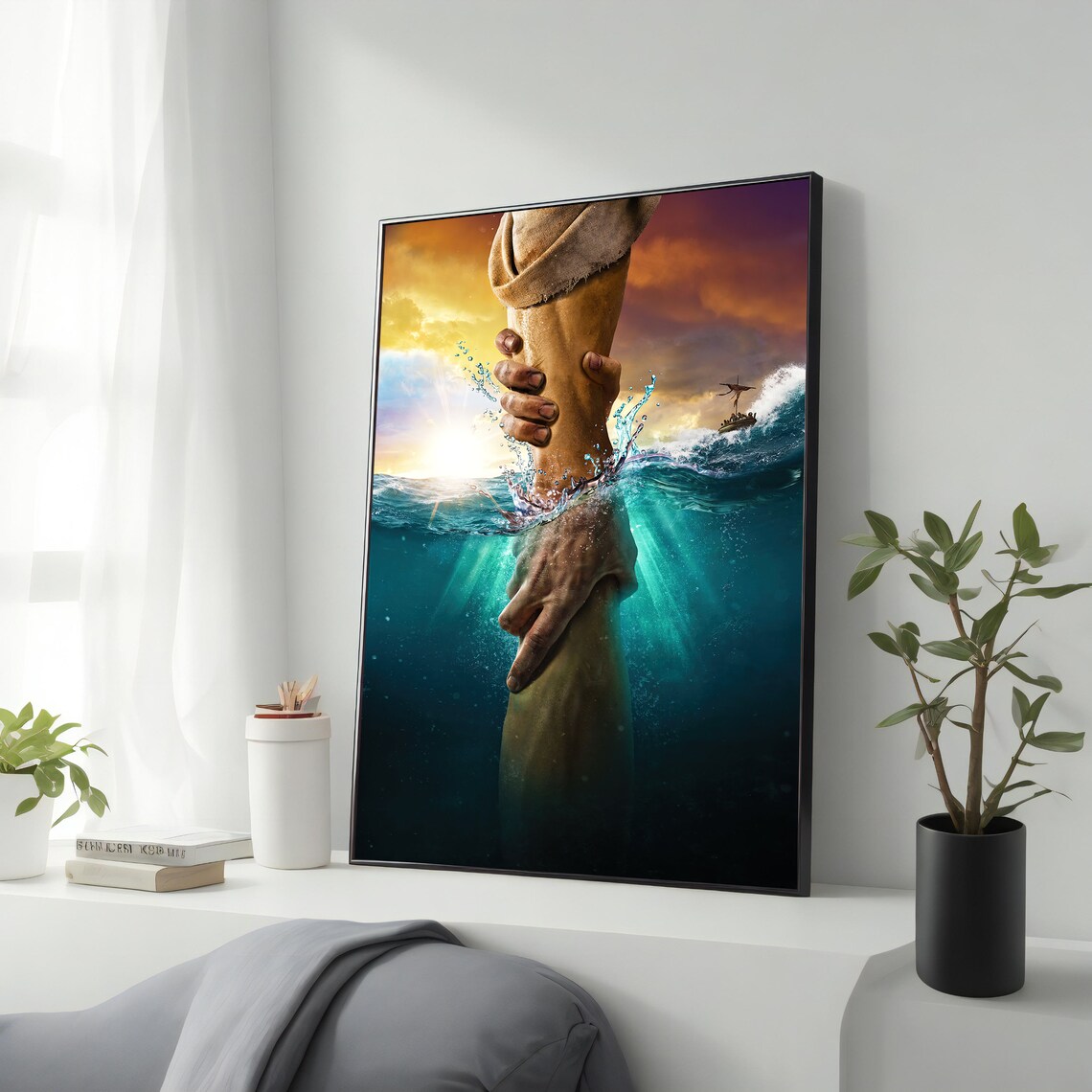 Jesus Reaching Hand Over Stormy Sea Christian Faith Wall Art Poster