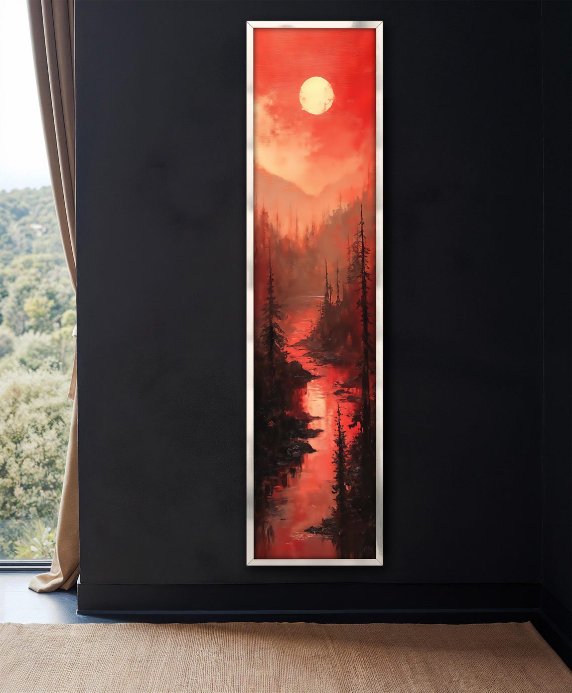 Red Moon Pine Forest Lake Reflection Surreal Vertical Landscape Poster - Image 4