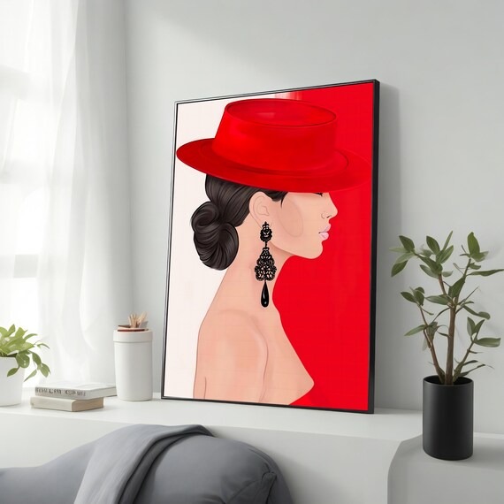 Woman Red Wide Brim Hat Profile Fashion Illustration Elegant Earring Poster