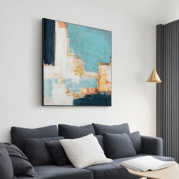 Modern Abstract Art Turquoise And Gold Geometric Painting Contemporary Wall Decor Elegant And Minimalist Home Decoration