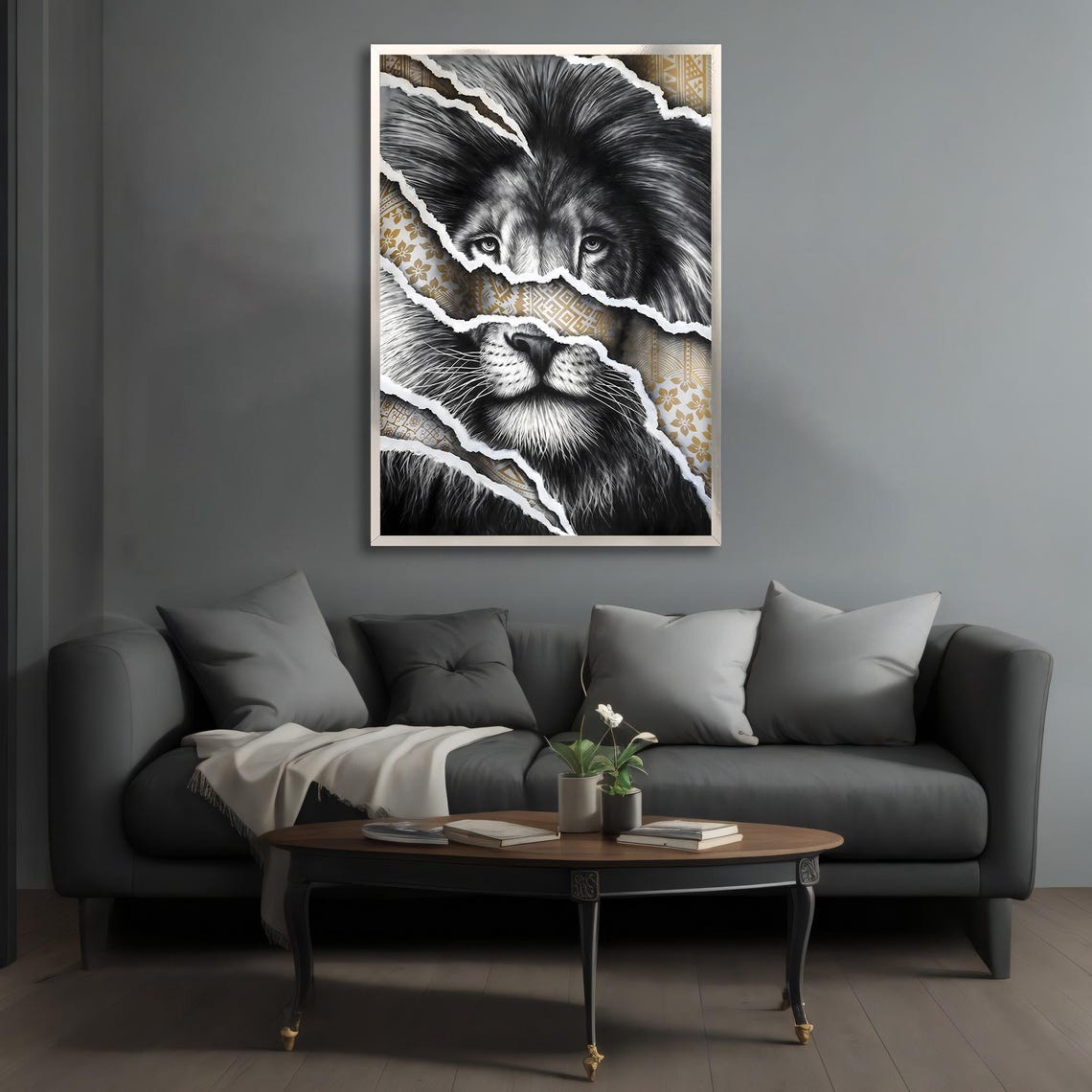 Lion Face Torn Paper Gold Tribal Pattern Bold Wildlife Poster - Image 3