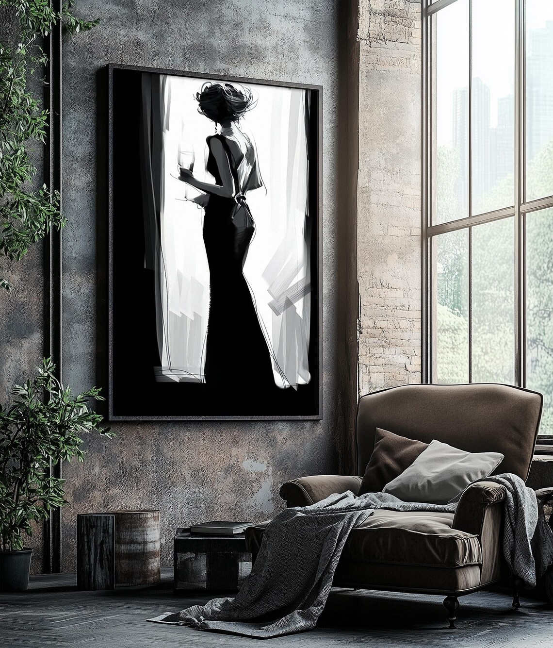 Black And White Elegant Woman Silhouette In Gown Fashion Wall Art Poster