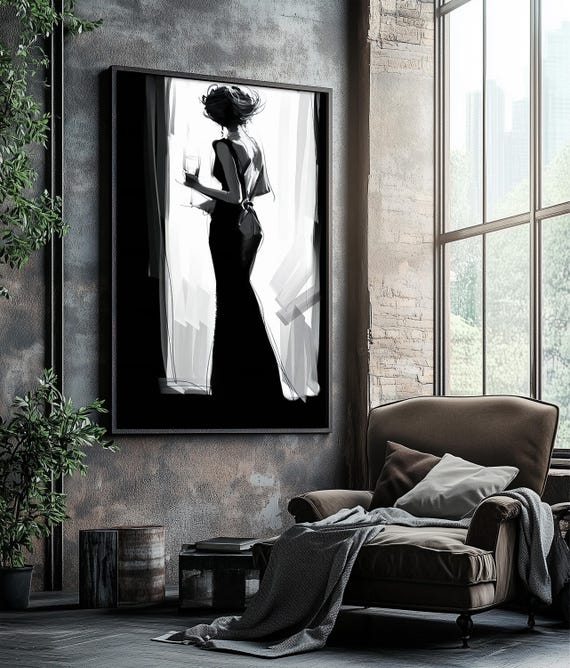 Elegant Black And White Woman Silhouette Painting Modern Minimalist Wall Decor Classy Fashion Illustration For Home Or Office
