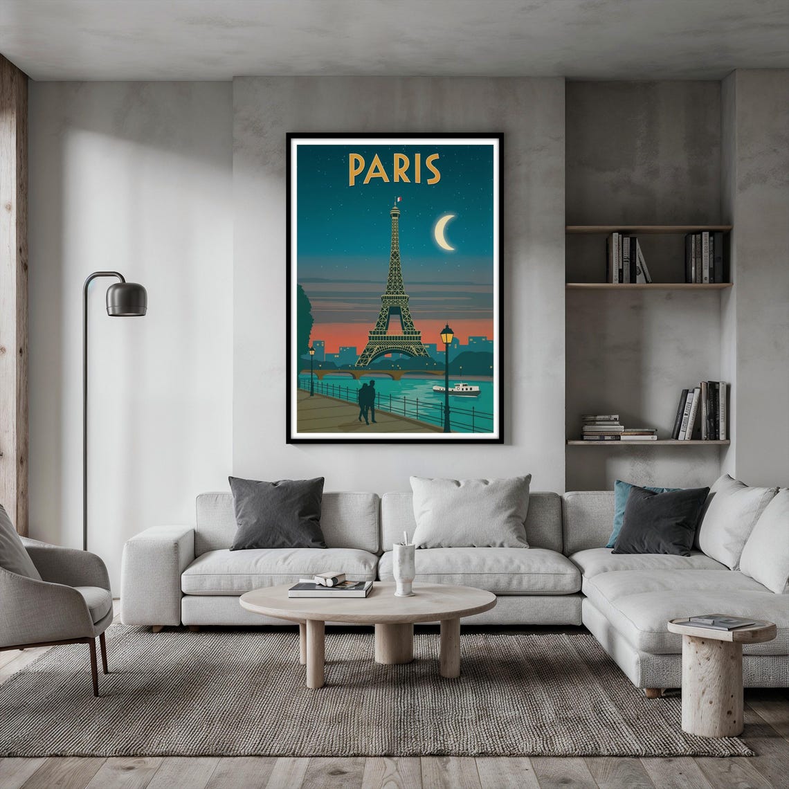 Vintage Paris Eiffel Tower Night Crescent Moon Seine Romance Poster - Image 2