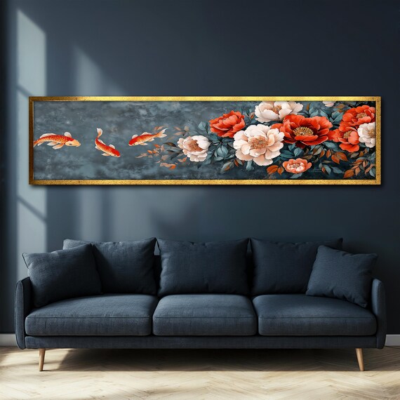 Koi Fish Painting Hallway Wall Art Floral Wall Decor Large Horizontal Artwork Japanese Style Home Decor Ready To Hang Gift Idea