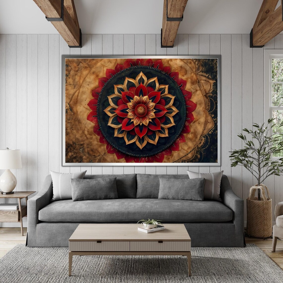 Red Gold Black Floral Mandala Vintage Parchment Boho Spiritual Wall Poster - Image 4